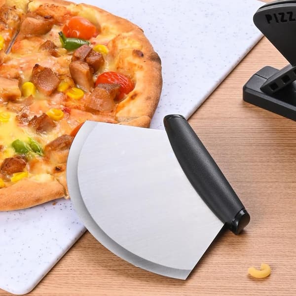 Pizzaskärare Rocker Chopper Kniv med Ställ Bladskydd, Rostfritt Stål Vass Mezzaluna Hackande Vaggande Hackkniv för Sallader Grönsaker