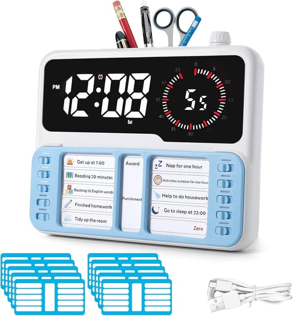 7-i-1 Visuel Timer med Opgaveplanlægger Alarm Nedtælling Kalender Temperaturvisning & Opbevaring Blå til Hjem & Skole