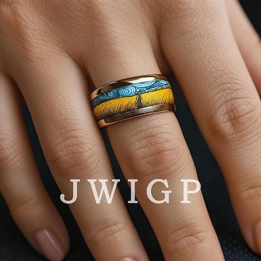 Herrring i rostfritt stål Van Gogh Stjärnenatt & Veteåker Konstdesign Guldfärgad Mode Statement Ring Slitstarkt Smycke Present till Män