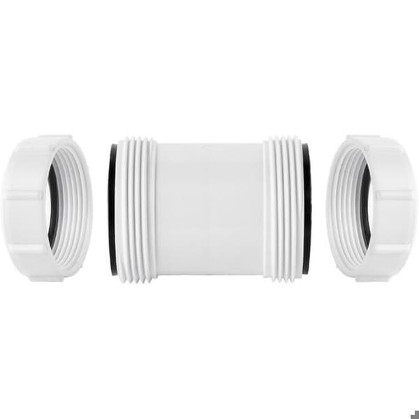 Et sett med to 40 mm rette PVC-koblinger for tilkobling av et 1/2-tommers badekaravløpsrør.