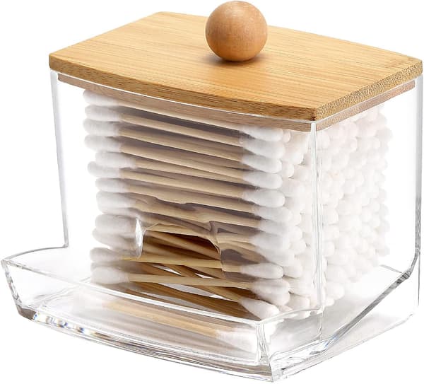 10-ounce bomullspinneholder med bambuslokk for oppbevaring og organisering – bomullspinne- og bomullsballdispenser, tanntrådboks.