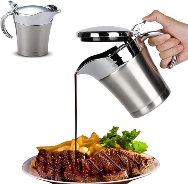 Isoleret sovsekande i rustfrit stål med låg – 450 ml/16 oz dobbeltvægget isoleret sovsekande egnet til varme og kolde saucer – sovsekande med hængslet låg