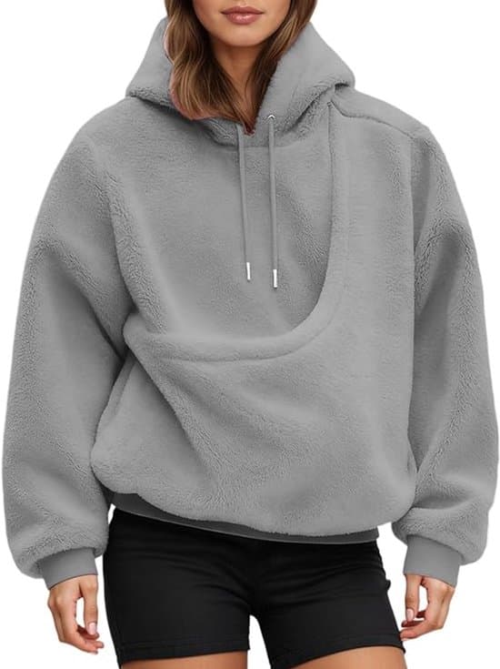 Hættetrøje med kæledyrspose, oversized fleecetrøje med frontlomme, hætte og snøre, maskinvaskbar, lysegrå, M Light gray M