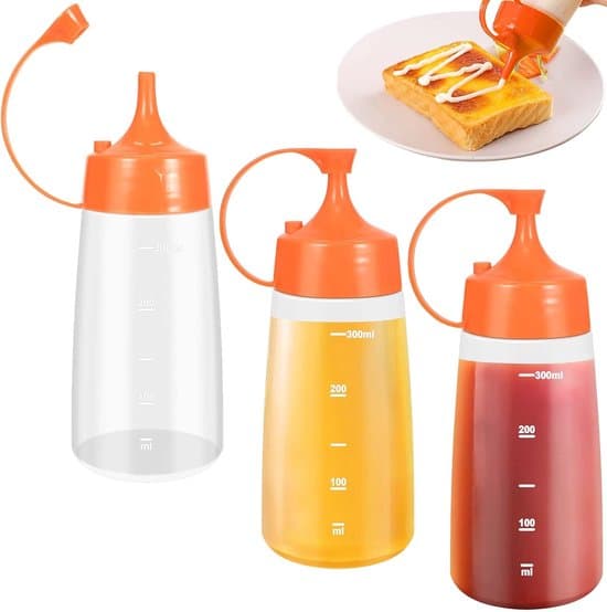 3 st plastflaskor 300 ml klämflaska med lock såsflaska för kryddor dispenserflaska för dressing ketchup stark sås olivolja
