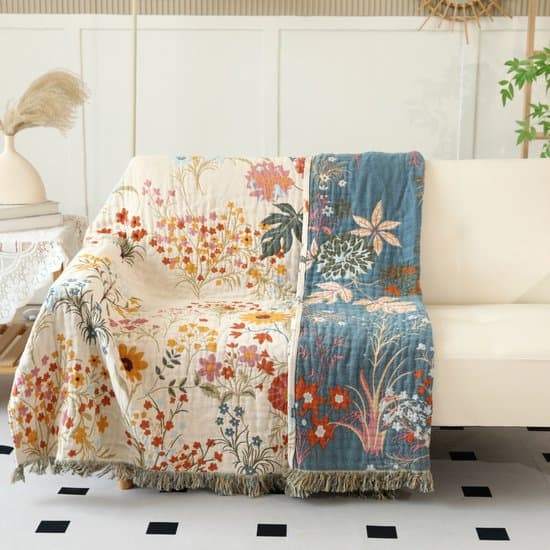 Boho överkast 100% bomull muslin överkast med blommönster och fransade kanter vändbart 150 × 200 cm för enkelsängar