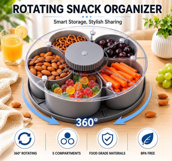 Opdelt serveringsbakke, der drejer, roterende Lazy Susan-organizer, gråt blomsterdesign