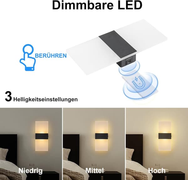 Vägglampa set dubbelpack touchkontroll 2000mAh batteridriven sänglampa dimbar vägglampa för sovrum.