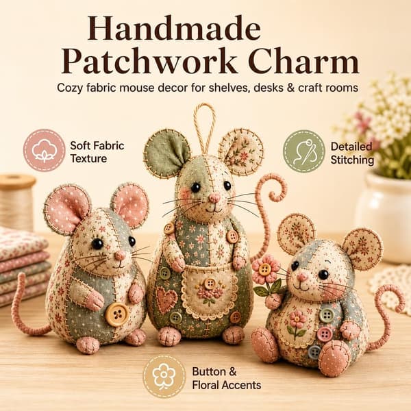 Patchwork Mus DIY Sæt Håndlavet Syhåndværkssæt Sød Musepynt DIY Sæt med Blomstret Stof Fyld Knapper til Voksne Begyndere