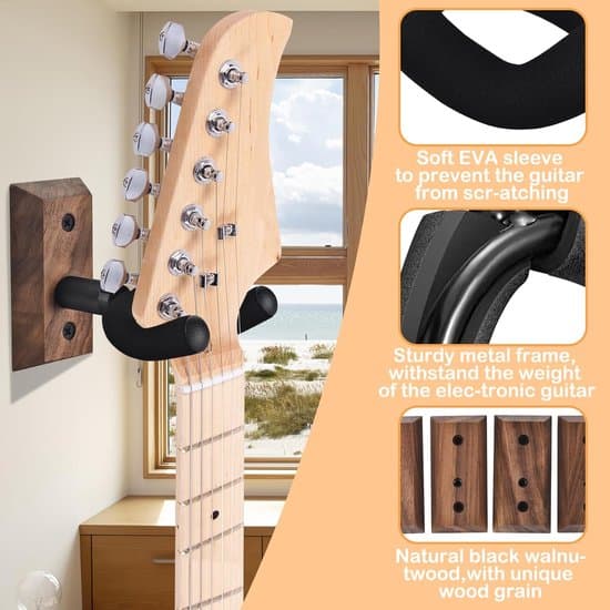 Gitarrväggfäste Set med 4 vägghängare Svängbar Mjuk Krok – Trä U-formad Hållare för Akustiska & Basgitarrer Lättinstallerat Gitarrväggfäste