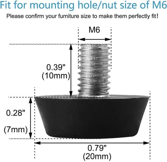 20 stk. M6 møbelglidere - Justerbare vinkeljusteringer til stole og sofaer (10x20mm sort)