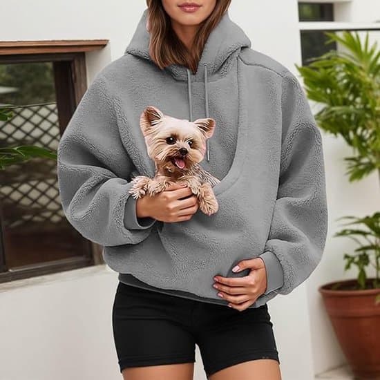 Hættetrøje med kæledyrspose, oversized fleecetrøje med frontlomme, hætte og snøre, maskinvaskbar, lysegrå, XL Light gray XL