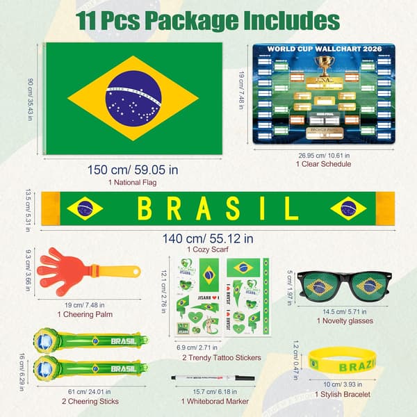 VM 2026 Fodbold Fan Support Kit 11 dele VM Merchandise til Fans Tilbehør Flag Tørklæde Briller Jubelstave Klapper & Kampprogram Plakat (Braz