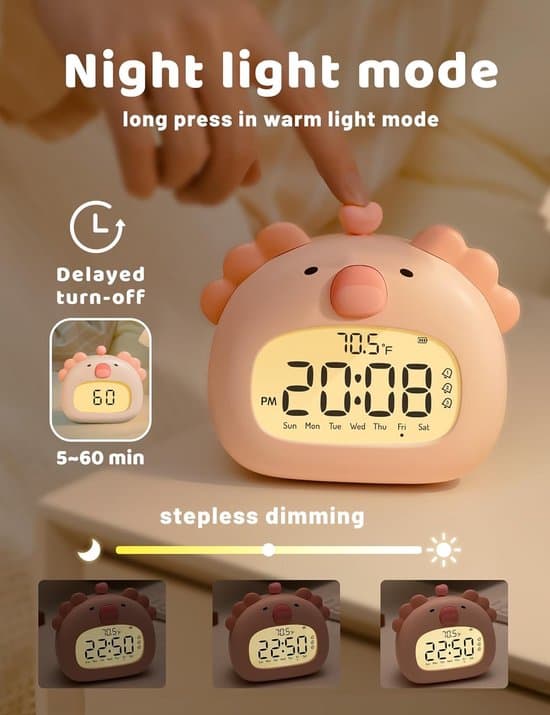 Axolotl børnevækkeur med natlys Sjov digital søvntræner Med LCD-display 3 alarmer Nedtællingstimer Justerbar lysstyrke Genopladelig