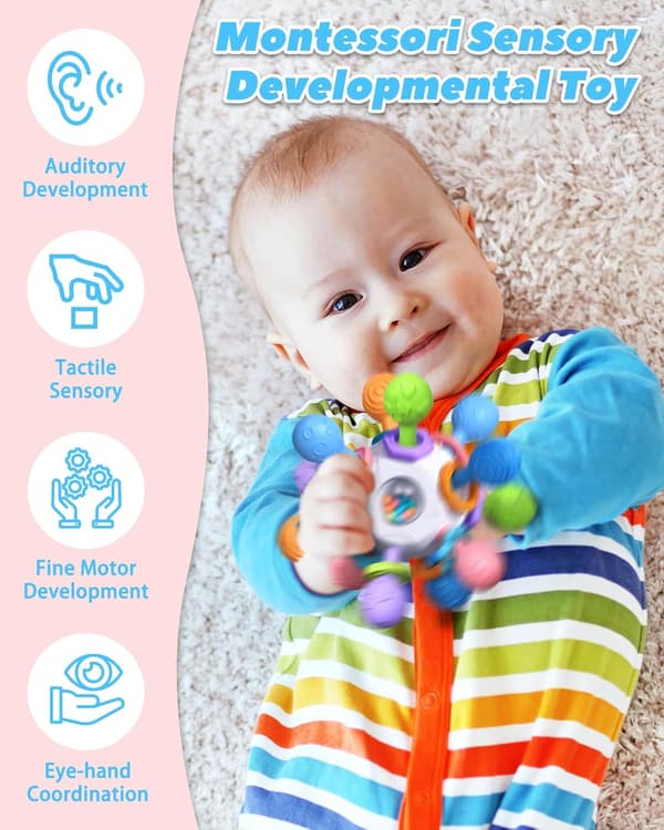 Bitringar för 0-2 år gamla bebisar, magtidleksaker, Montessori babyleksaker, nyfödda sensoriska leksaker, julstrumpfyllare för bebisar.
