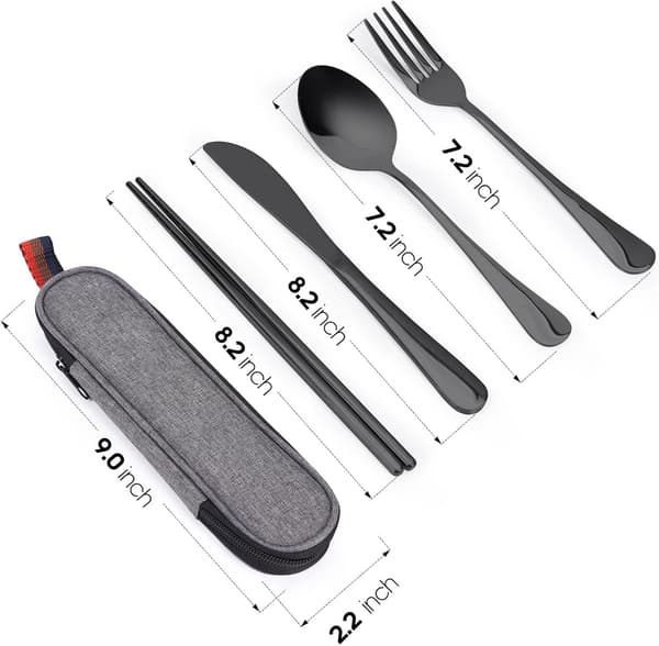 4-i-1 återanvändbart bestickset i rostfritt stål med påse – bärbart – diskmaskinssäkert – för lunch, camping, picknick och resor