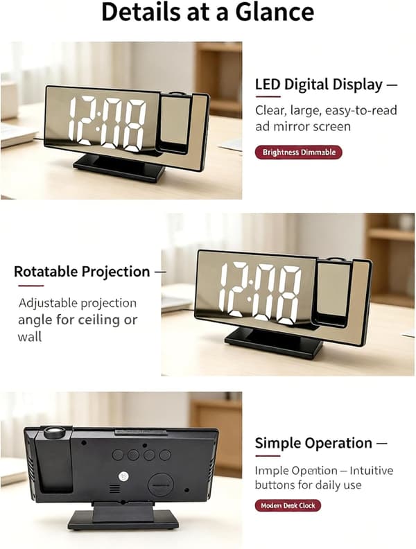 LED-spegelväckarklocka med projektion och stor display