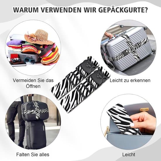 Zebraprint bagagestropper 2-pak – Sort Hvid Dyremønster Kuffertbælter med Quick-Release Spænde Fed Mode Rejsetilbehør