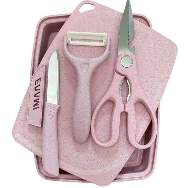 5-i-1 skärbräda knivskalare sax och brickset Pink