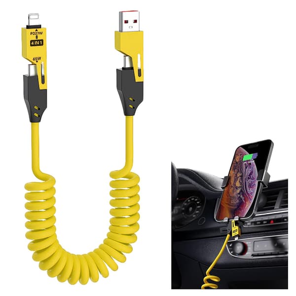 4-i-1 Fjær Hurtigladekabel 1,2 meter 65-watts Viklet bil USB-datakabel. Viklet silikondesign Apple- og Type-C-grensesnitt. (Gul)