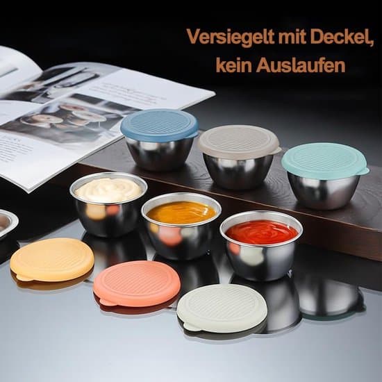 6 stk. dippkopper i rustfritt stål med lokk – 80 ml salatdressingbeholdere for sauser, dipper, snacks og krydder (reisevennlig)