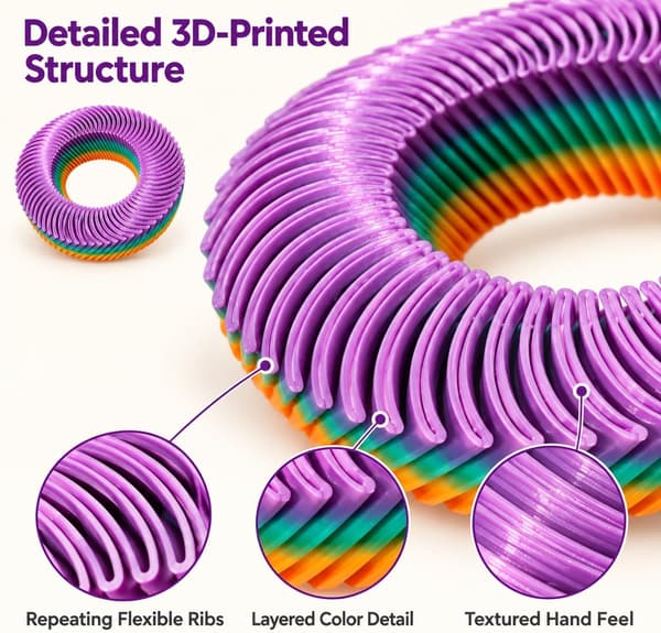 3D-printad fidget-leksak, flexibel räfflad loop, sensorisk ring, töjbar taktil handleksak för skrivbord, resor och studier, flerfärgad