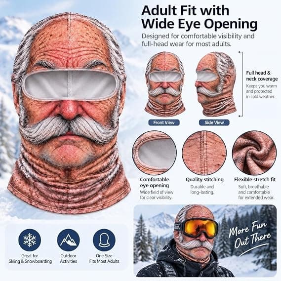 Rolig realistisk ansiktsmask för skidåkning, nyhet, gubbe, vinterbalaklava