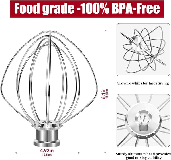 K45WW 6-tråds piskeris til KitchenAid røremaskine med vippehoved - Æg, fløde, kager, mayonnaise piskeris til Kitchen Aid røremaskine tilbehør