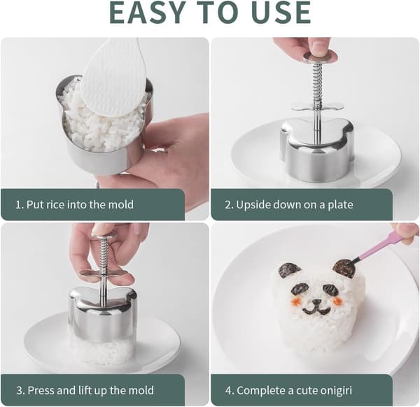 4-delt Onigiri-formsett i rustfritt stål - Panda Hjerte Kylling Stjerne Former - Risballmaskin for barnas lunsj, Bento og hjemme-DIY