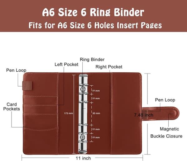 A6 Ringbind 6 Ring Genopfyldelig Notesbog Budgetplanlægger til A6 Indlægspapir PU Læder Løsblad Personlig Planlægger Pung Organizer Ringbind med Magnet