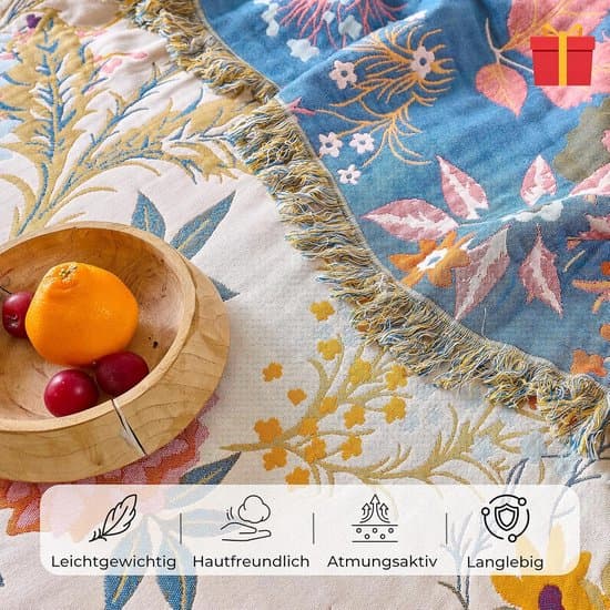 Boho överkast 100% bomull muslin överkast med blommönster och fransade kanter vändbart 150 × 200 cm för enkelsängar