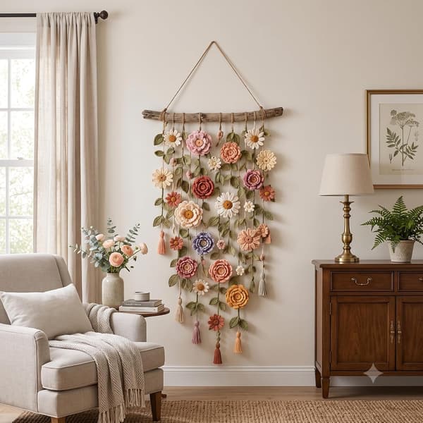 Virkat blomsterupphäng, Boho blommig inredning för barnkammare med 3D virkade blommor på rustikt trä för sovrum och hem