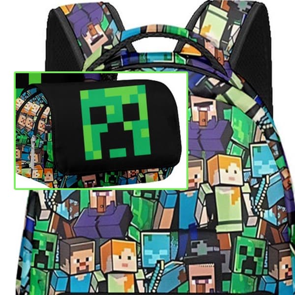 Minecraft Drenge Rygsæk Børns Sorte Skoletaske Grøn Creeper Zombie Skelet Enderman og Huleedderkop 3-delt Sæt