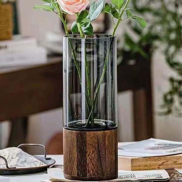 Konstnärlig Trä Glas Vas Träbas Cylindrisk Blomvas Klassisk Boho Rustik Stil för Öppen Spis Sovrum Kök Vardagsrum Centerpieces 12x30cm