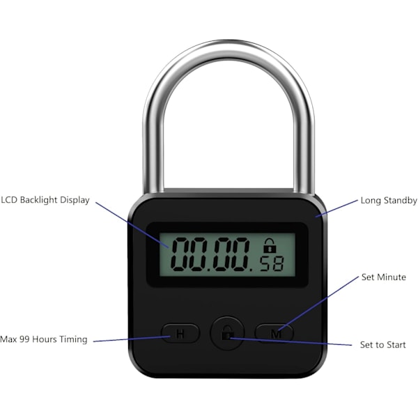 Metaltimerlås - Elektronisk tidslås med LCD-display - USB-opladning (sort)