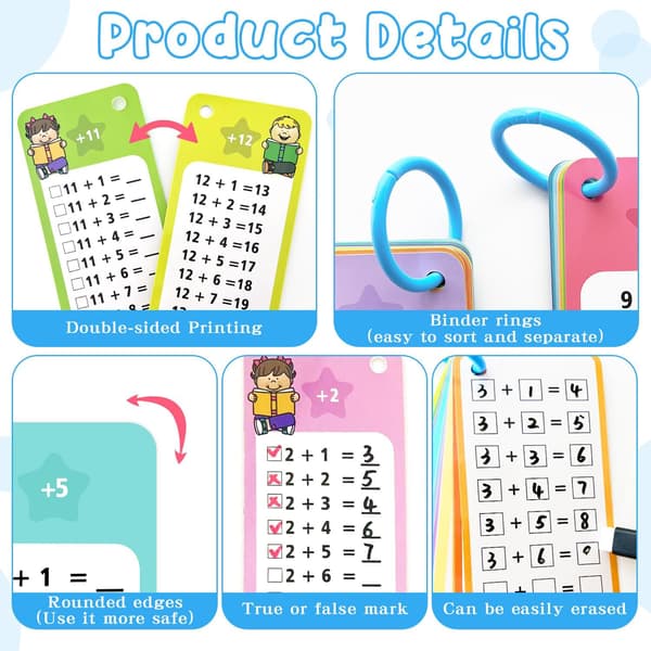 60-pack Multi Math Flash Cards Addition Subtraction Multiplication Division Flashcard med 2 Dry Erase Markers 4 Rings Educational Times Table