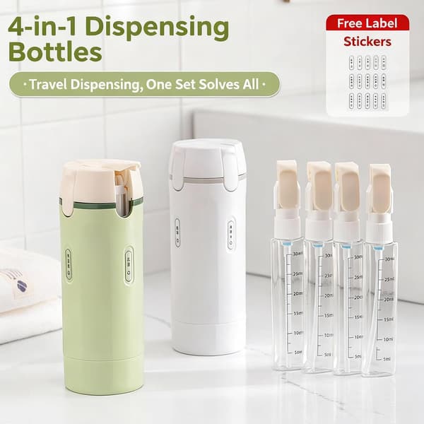 4-i-1 Resedispenserflaskset Påfyllningsbara Läckagesäkra Resetoalettflaskor för Schampo Kroppstvätt Lotion & Balsam 30ml×4 Vit