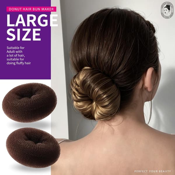 Donut Hårbolle Maker Sett - 7 Ringer (1 Ekstra Stor 2 Stor 2 Medium 2 Liten) 5 Strikker 20 Hårnåler Mørkebrun