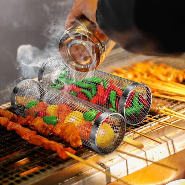 Rullende grillkurv til udendørs BBQ 2-pak rustfrit stål grillnet BBQ-stativ tilbehør grillnetrør grillkurv