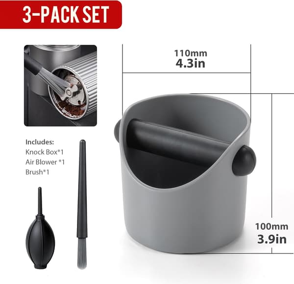 Espresso Knock Box - Premium Knock Box til Espressomaskiner med Skridsikker Base, Inkluderer Børste og Støvblæser, Knock Box Espresso Tilbehør (Grå)
