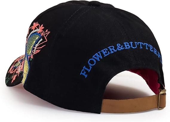 Baseballkasket til kvinder med sommerfuglebroderi – Blomstret paillet justerbar solhat sort black
