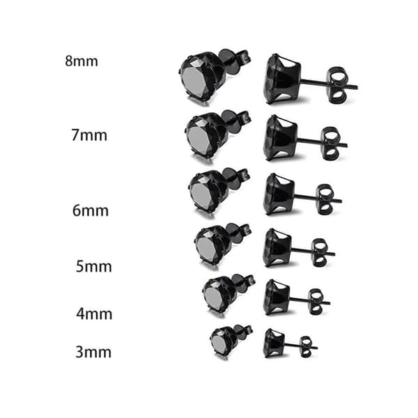 Øreringe i rustfrit stål til mænd og kvinder, sorte og sølvfarvede runde kubisk zirkonia-indlæg, 12 par 3mm - 8mm