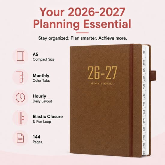2026–2027 A5 Planner Daglig & Ugentlig Planner med Timeplan Farvede Faner & Penneholder Hardcover Organizer til Arbejde & Studie Brun