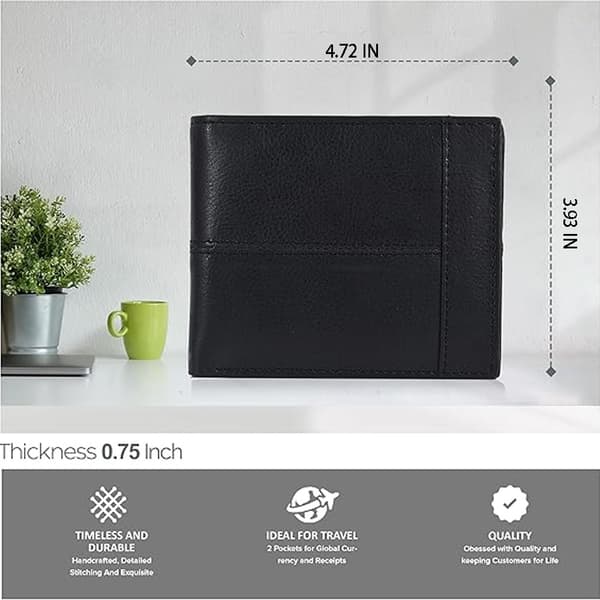 Plånbok i äkta läder för män, Bifold-plånbok, Ultratunn, Enkel, Framficka, Present till män Black