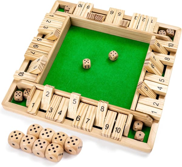 Trä Shut The Box Spel (2-4 Spelare) - Stor 4-sidig Bräda 8 Tärningar Regler - Underhållande Addition Spel för Barn & Vuxna 8.7 Tum