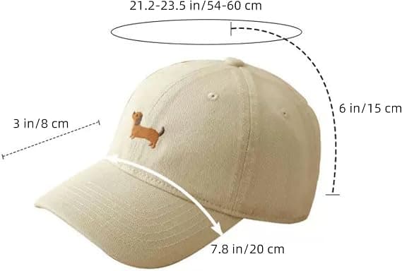 Dame baseballcaps med brodert pølsehund, justerbar buet brem, uformell bomullshatt