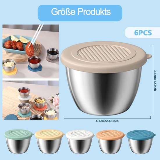 6 stk. dippkopper i rustfritt stål med lokk – 80 ml salatdressingbeholdere for sauser, dipper, snacks og krydder (reisevennlig)