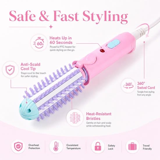 Mini lockborste för kort hår 1-tums 2-i-1 varmluftsborste och plattång kompakt keramisk rese-stylingborste rosa