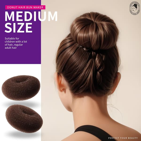 Donut Hårbolle Maker Sett - 7 Ringer (1 Ekstra Stor 2 Stor 2 Medium 2 Liten) 5 Strikker 20 Hårnåler Mørkebrun