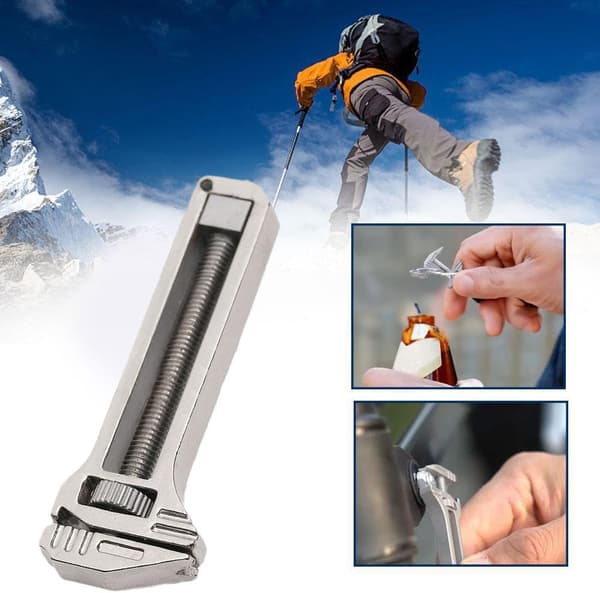 Mini multiværktøjsnøgle lavet af legeringsmateriale med flere funktioner, herunder en mini flaskeåbner.