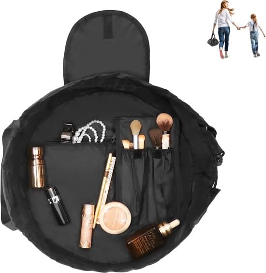 Kvinders Makeuptaske med Snøre – Rejse Makeup Organizer med Børsterum – Sort